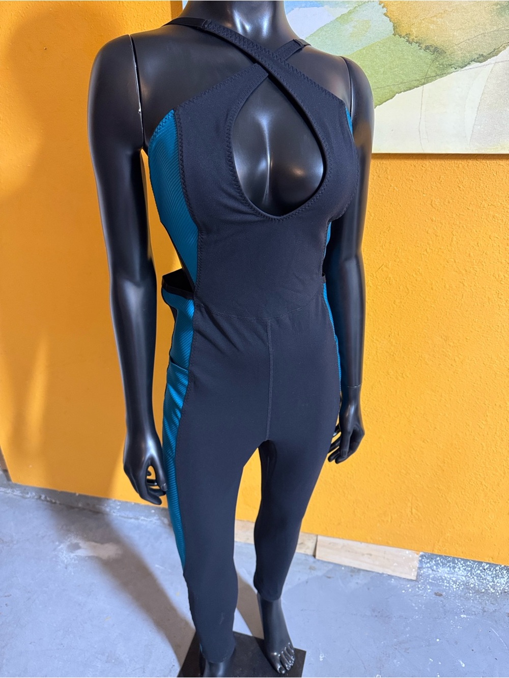 Women's FP Movement by Free People Black & Teal Cross-Strap Onesie/Jumpsuit Sz M